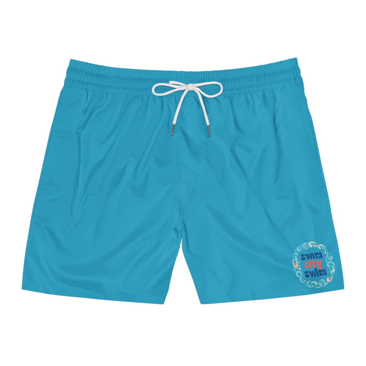 Turquoise Swim Shorts — "Swim, Sun, Surf" Surf Badge