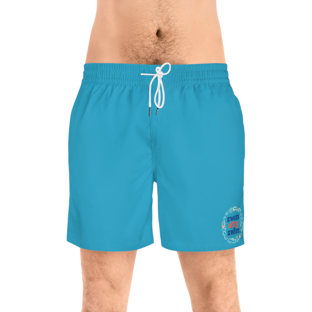 Turquoise Swim Shorts — "Swim, Sun, Surf" Surf Badge